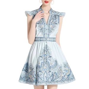 BURRYCO Blue Paisley Fit & Flare Full Button Front Dress 10 MEDIUM